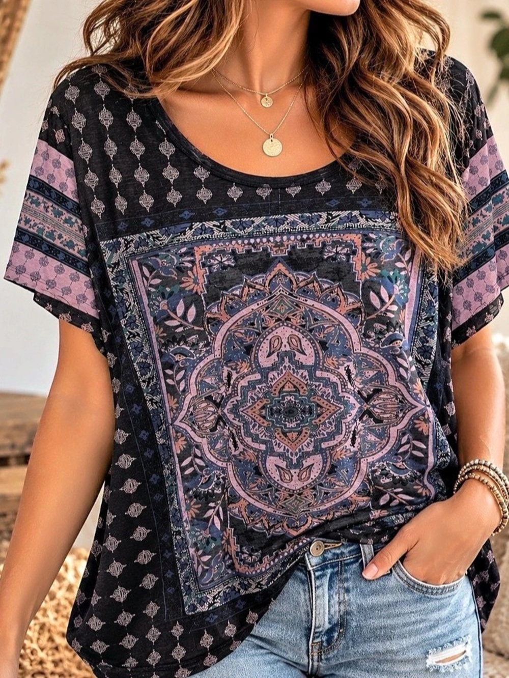 2X | Lucky Brand | Black Multicolor Boho Medallion Print Top